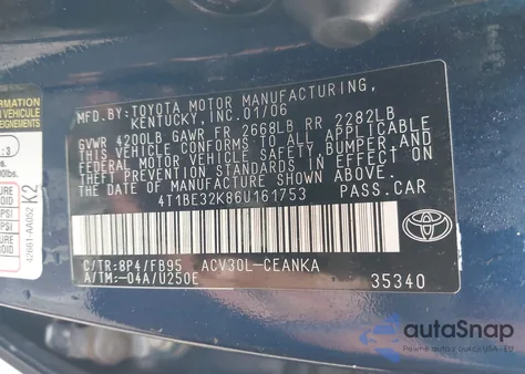 2006 Toyota Camry Le/Xle/Se z USA, uszkodzony, nr VIN 4T1BE32K86U161753